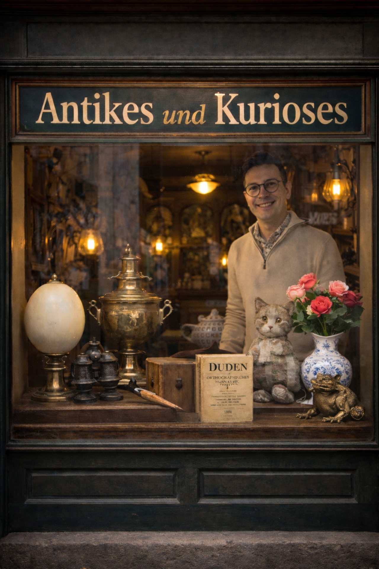 Der Lektorenausbilder Evgenij Unker in einem Antiquitätenladen. Er präsentiert sprachliche Raritäten und Kuriositäten. KI-generiert.